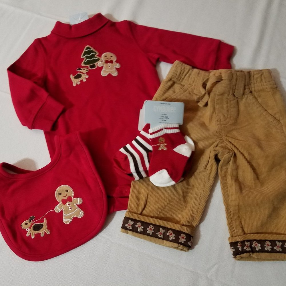 Gymboree 3-6 Month Gingerbread Boy Pants, Bodysuit, bib & 0-3 socks Outfit NWT
